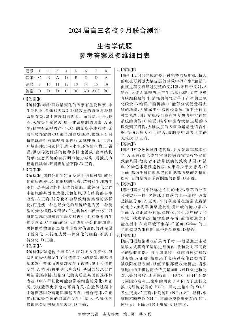 江西省2024届高三名校9月联合测评生物答案和解析第1页