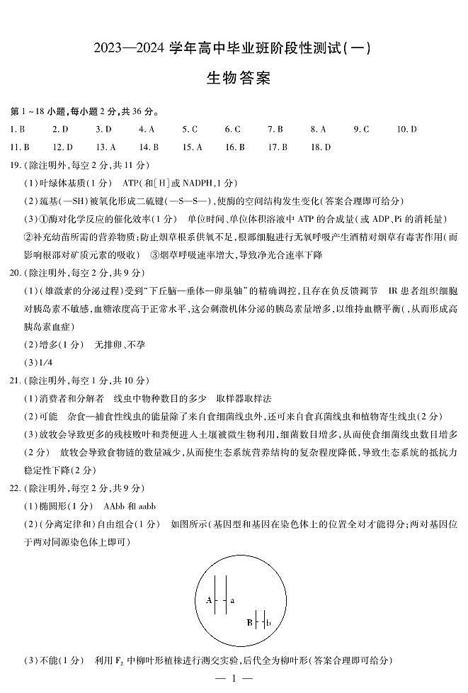 陕西省2023-2024学年高三上学期10月阶段性测试（一）生物答案第1页