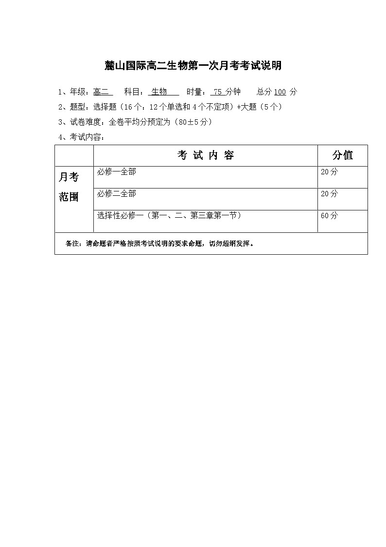麓山国际实验学校高二第一次月考生物考试说明01