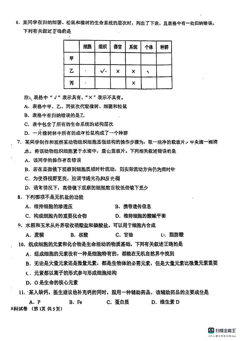 吉林省长春市吉大附中实验学校2023-2024学年高一上学期10月月考生物试题02