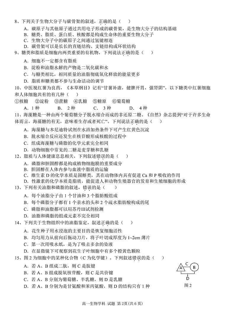 浙江省杭州市精诚联盟2023-2024学年高一上学期10月月考生物试题第2页
