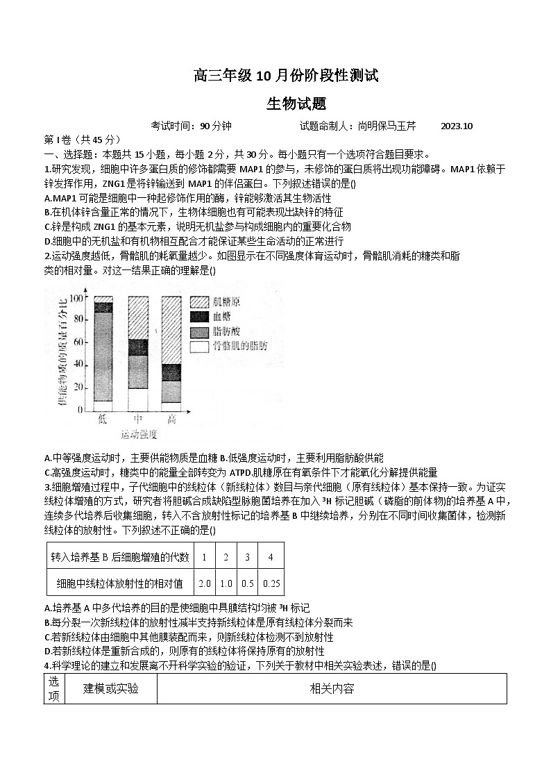 2024德州一中高三上学期10月月考试题生物含答案第1页