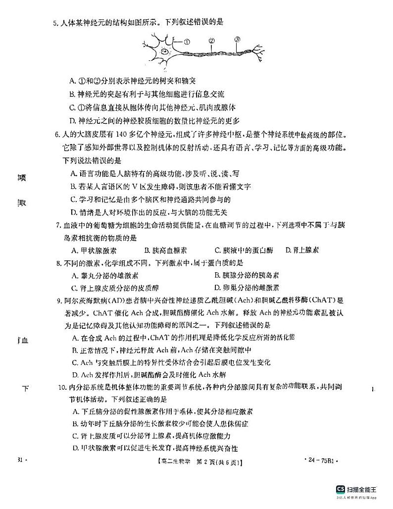 河北省沧州市大数据联考2023-2024学年高二上学期10月月考生物试题02