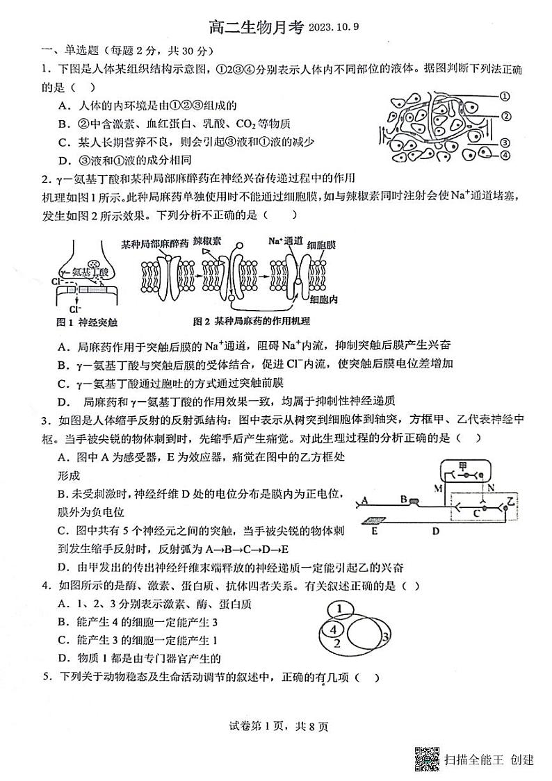 山东省烟台市龙口市2023-2024学年高二上学期10月月考生物试题第1页