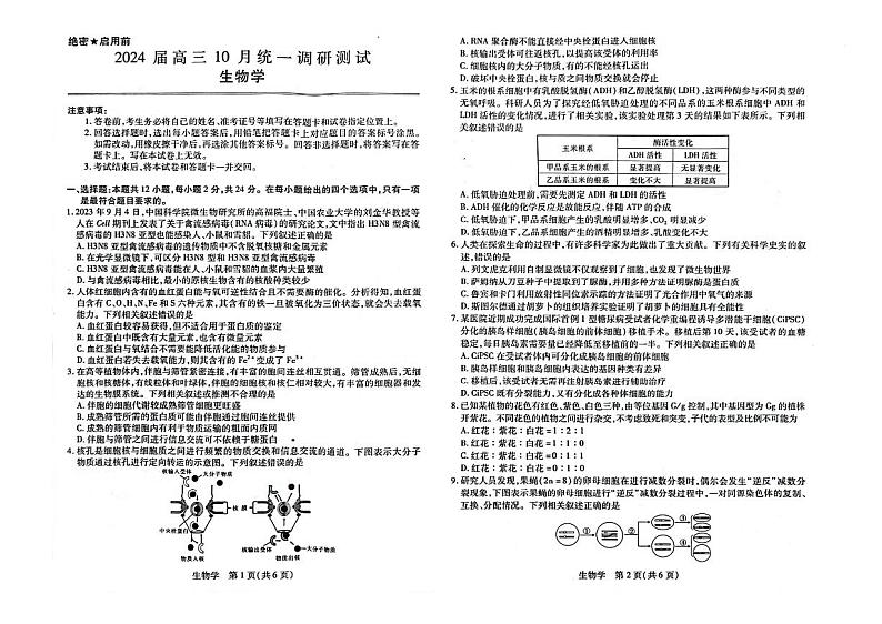 江西省稳派联考2023-2024学年高三上学期10月统一调研测试生物第1页