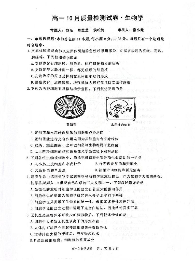 江苏省镇江市丹阳市2023-2024学年高一上学期10月月考生物试题01