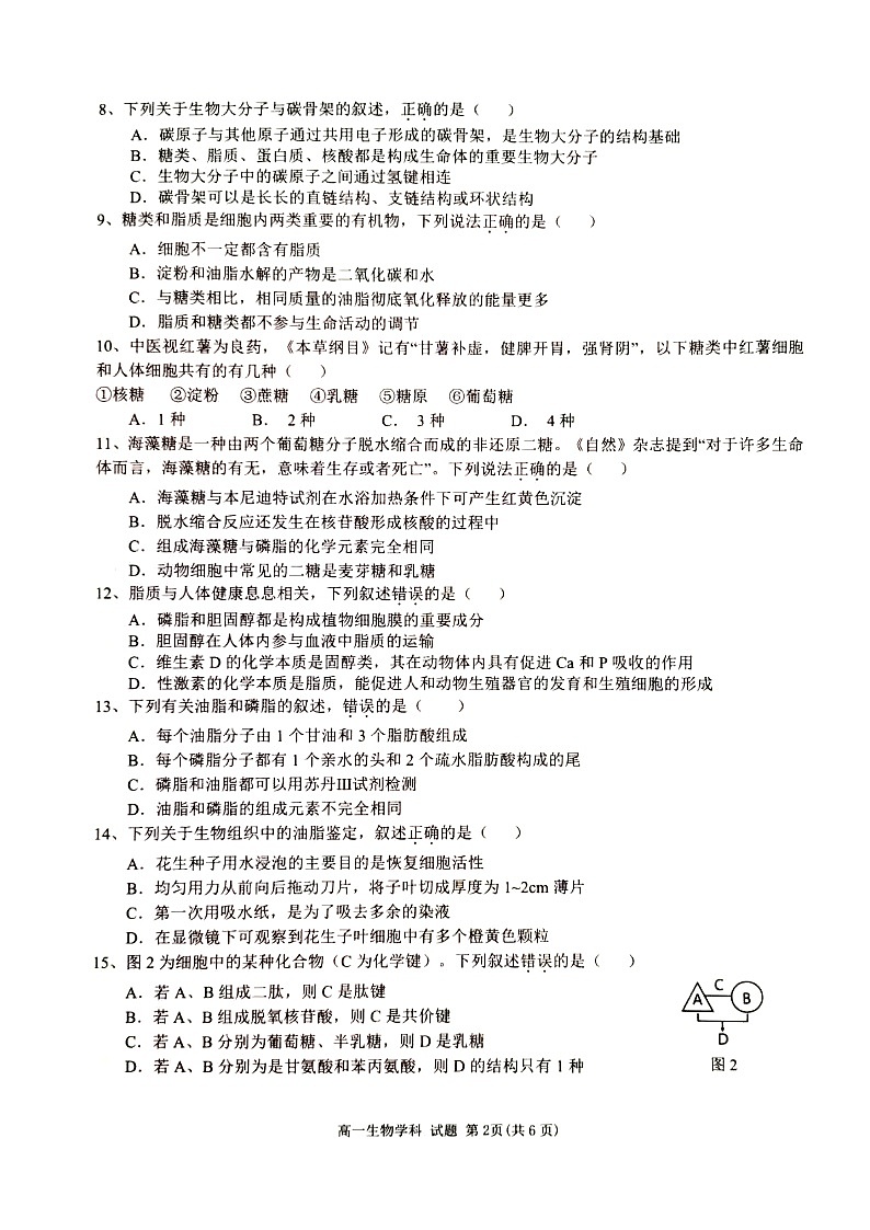 浙江省精诚联盟2023-2024学年高一上学期10月月考试题生物图片版无答案第2页