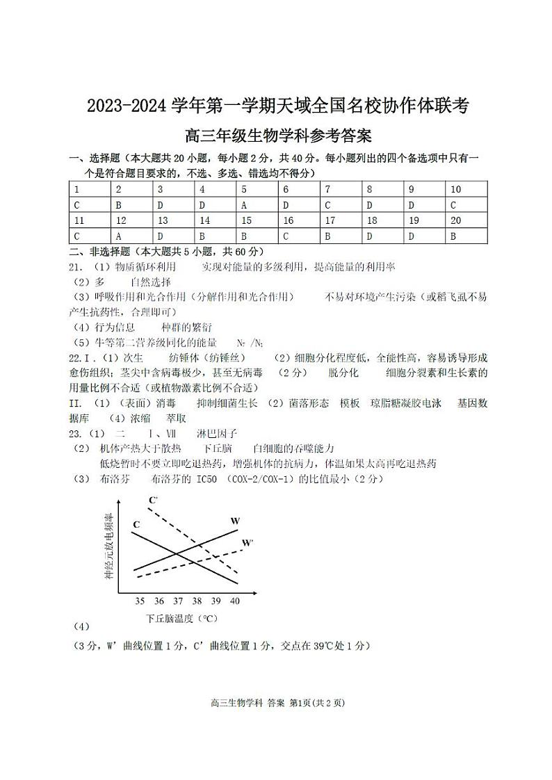 2023-2024学年第一学期天域全国名校协作体联考 生物答案第1页