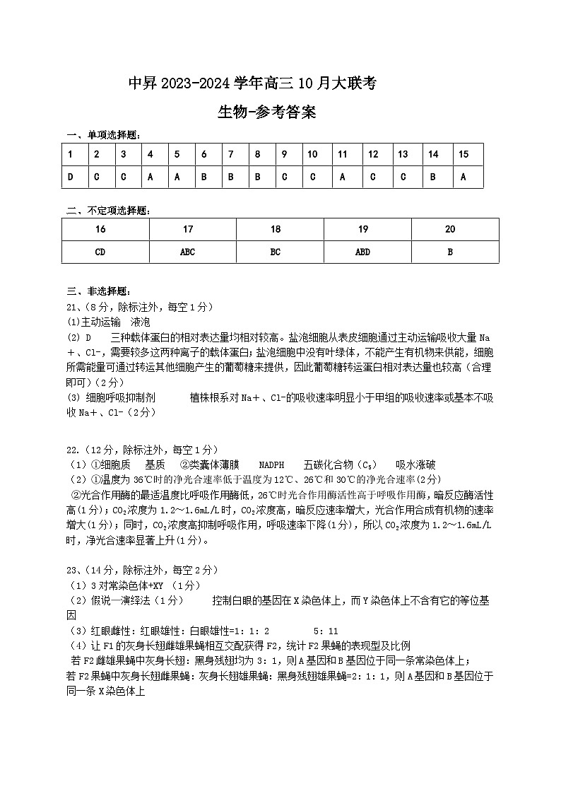 山东中昇2023-2024学年高三上学期10月大联考生物试题及答案01