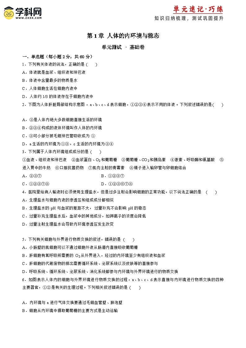 【期中模拟卷】（人教版2019）2023-2024学年高二上学期生物 第1章 人体的内环境与稳态 基础卷（原卷版）第1页