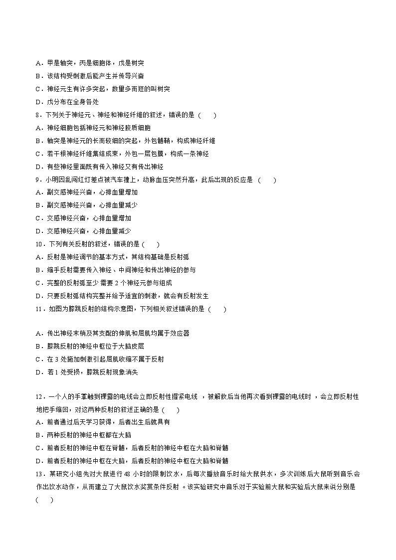 【期中模拟卷】（人教版2019）2023-2024学年高二上学期生物 第2章  神经调节 基础卷（原卷版）第2页