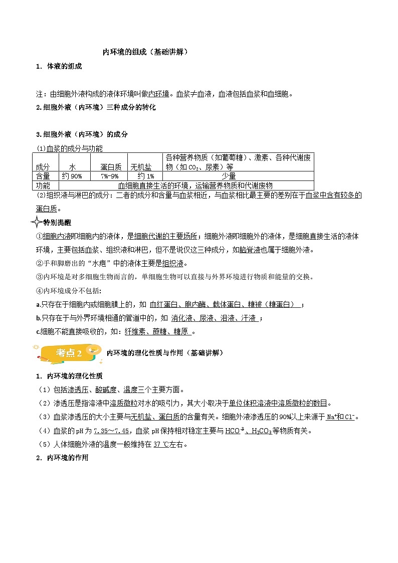 【期中单元知识点归纳】（人教版2019）2023-2024学年高二上学期生物 第1章 人体的内环境与稳态（试卷）第2页