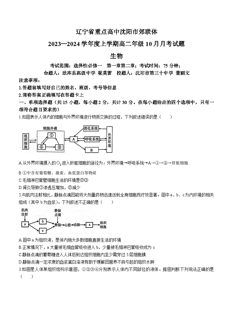 辽宁省重点高中沈阳市郊联体2023-2024学年高二上学期10月月考生物试题01