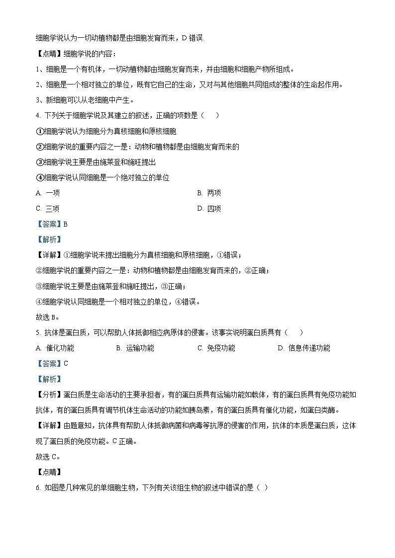 2024开远一中高一上学期9月月考试题生物含解析03
