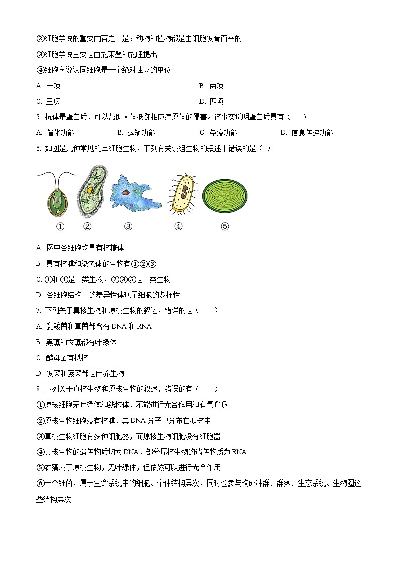 2024开远一中高一上学期9月月考试题生物含解析02
