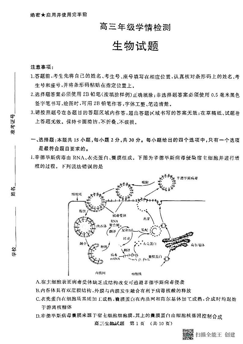 2023届山东省济南，聊城高三下学期学情检测（一模）生物01