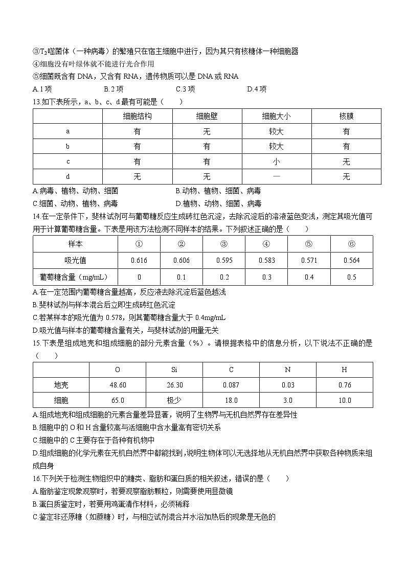 江西省南昌市二中2023-2024学年高一上学期第一次月考生物试题03