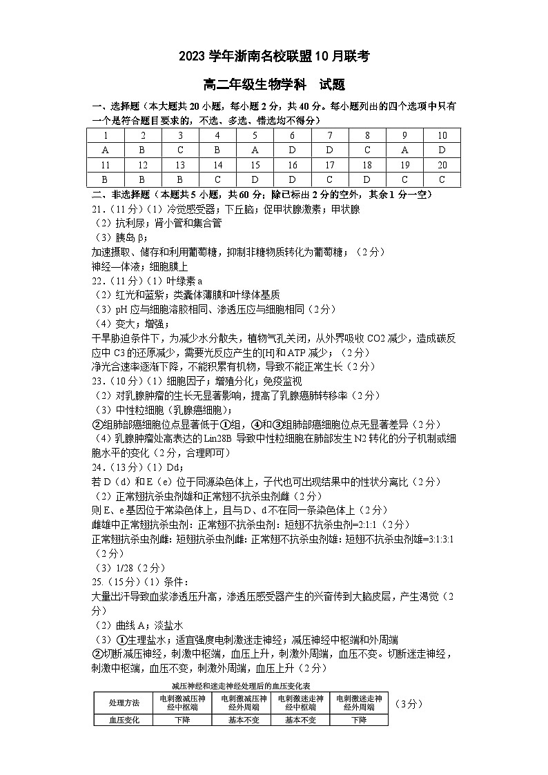 2024浙江省浙南名校联盟高二上学期10月联考生物试题含答案01