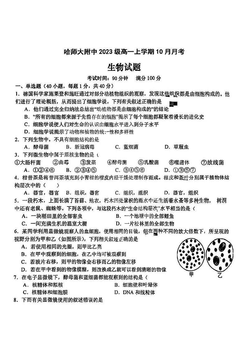 哈尔滨师大附中2023-2024学年高一10月月考生物试卷含答案解析第1页