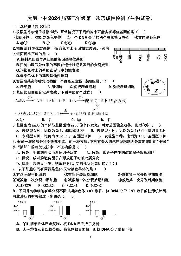 天津市滨海新区大港第一中学2023-2024学年高三上学期第一次月考生物试题（无答案）01