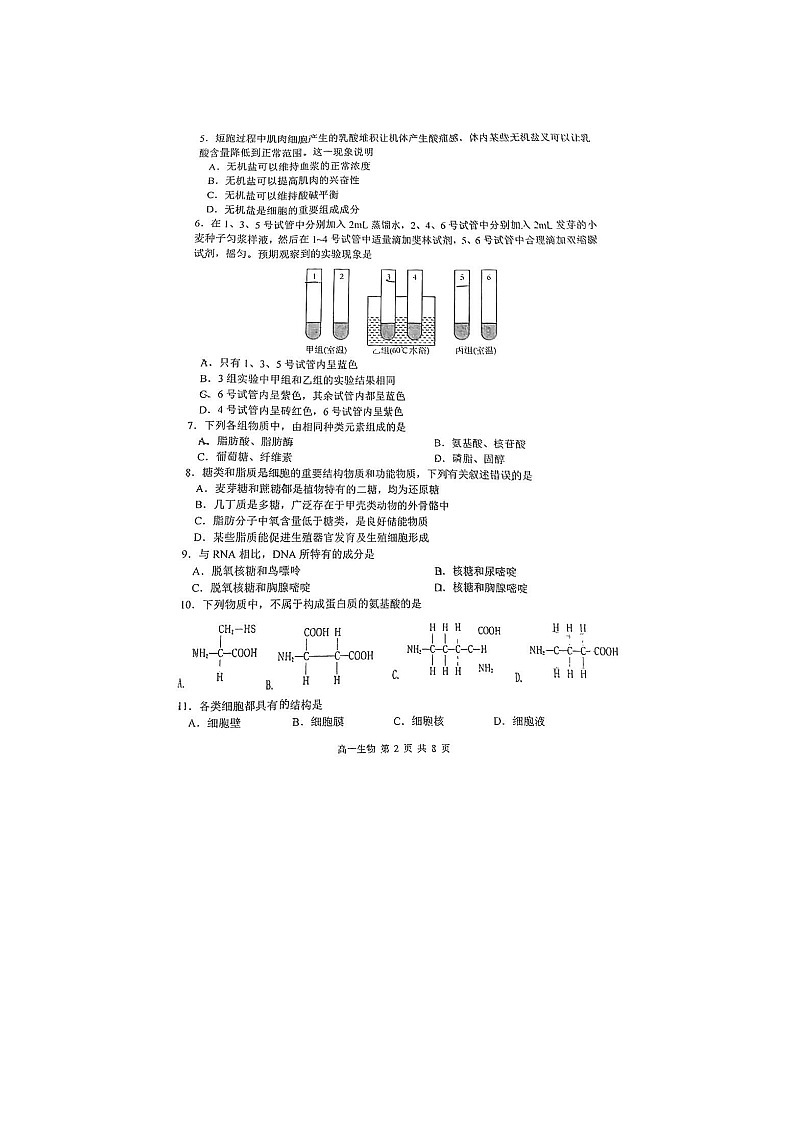 2023届江苏省淮阴中学高一上学期生物期中试题02