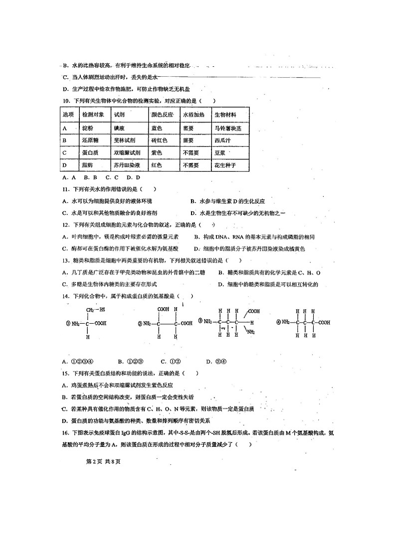 2023届云南省广南县第十中学校高一上学期生物期中试题02
