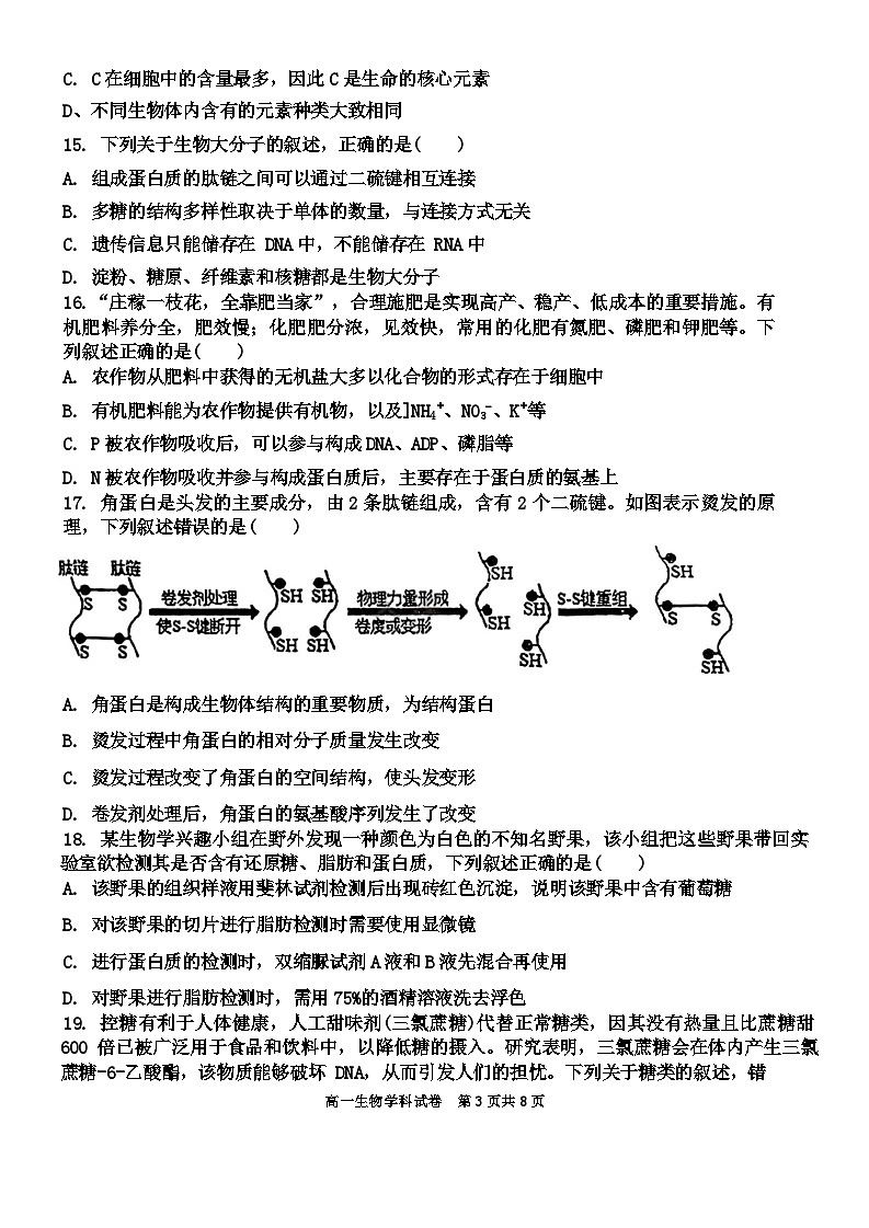 天津市宝坻一中2023-2024学年高一上学期第一次月考生物试题第3页