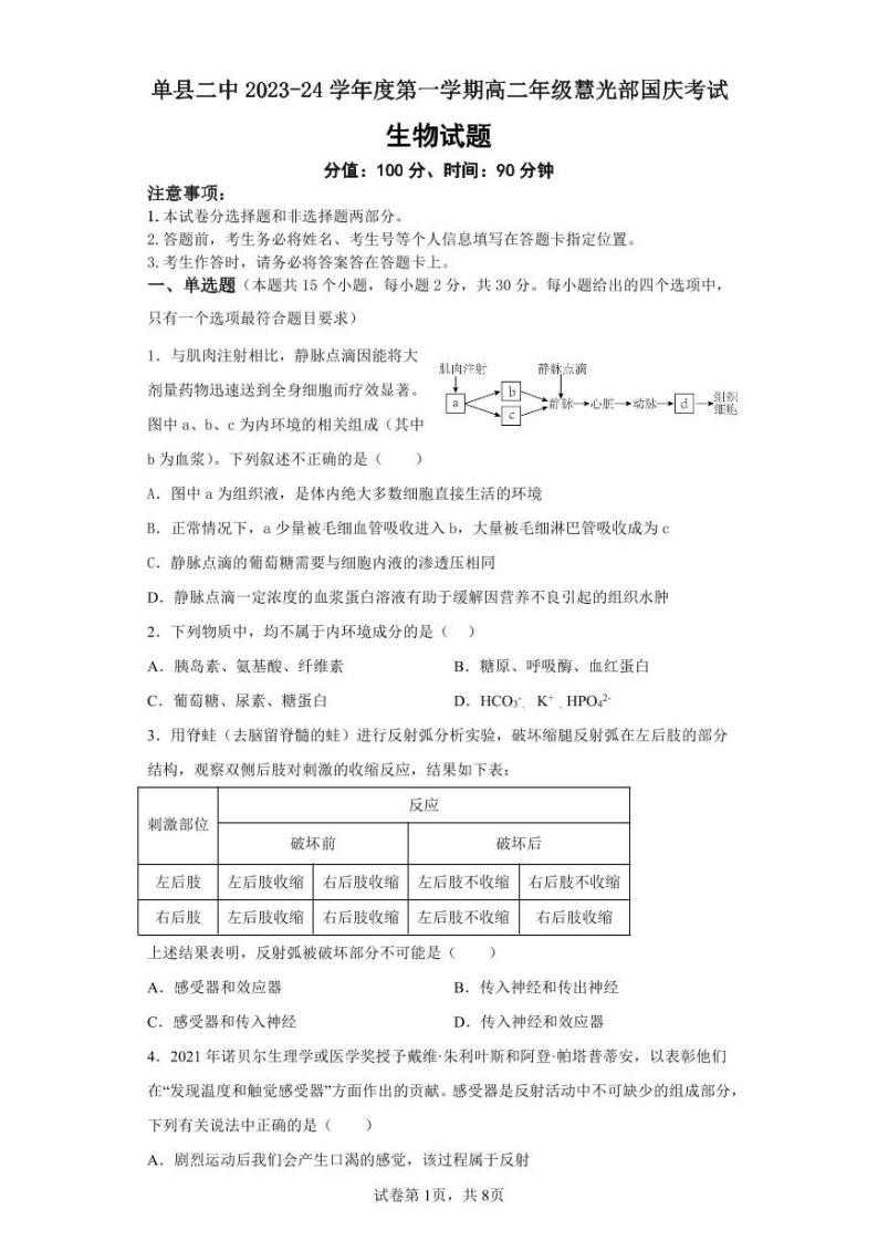 2024菏泽单县单县二中高二上学期10月月考生物试题pdf版含答案01