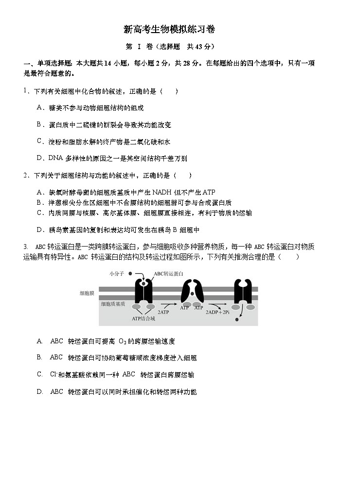 新高考生物模拟练习卷14（含答案）第1页