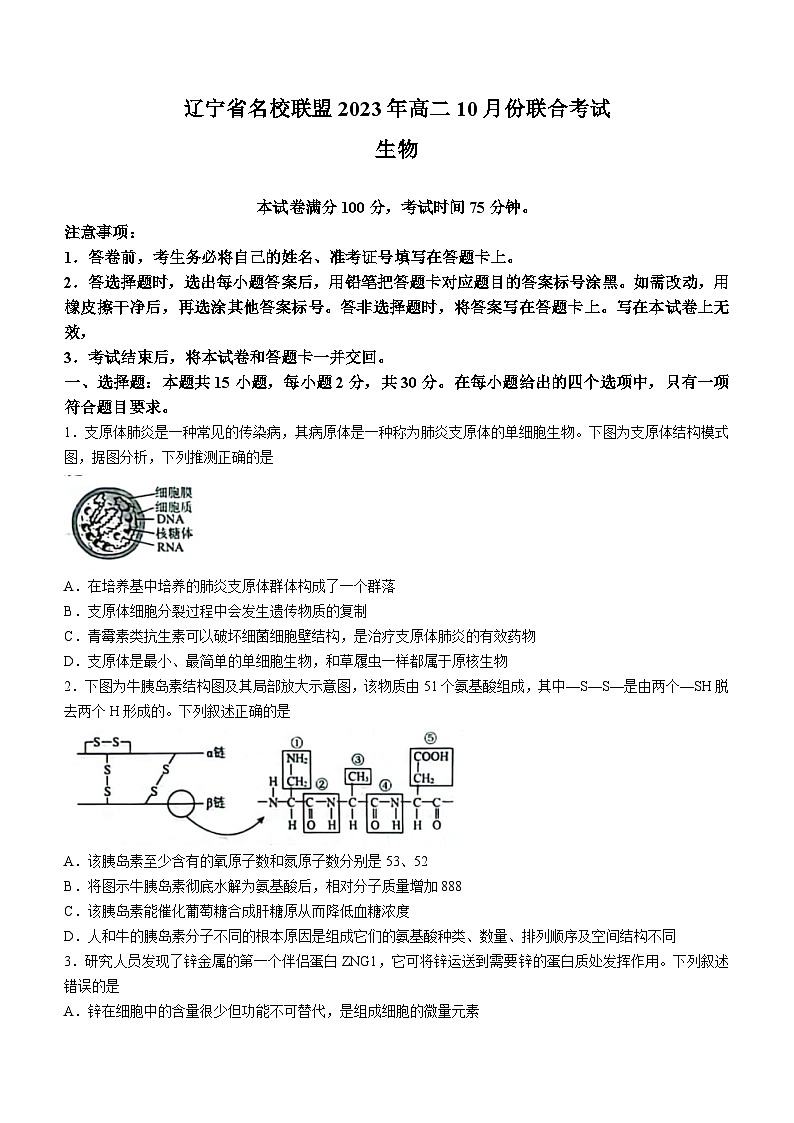 辽宁省名校联盟2023年高二生物上学期10月份联合考试试题（Word版附答案）第1页