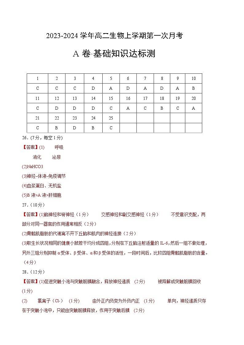（人教版2019）2023-2024学年高二生物上学期 第一次月考A卷（参考答案）第1页