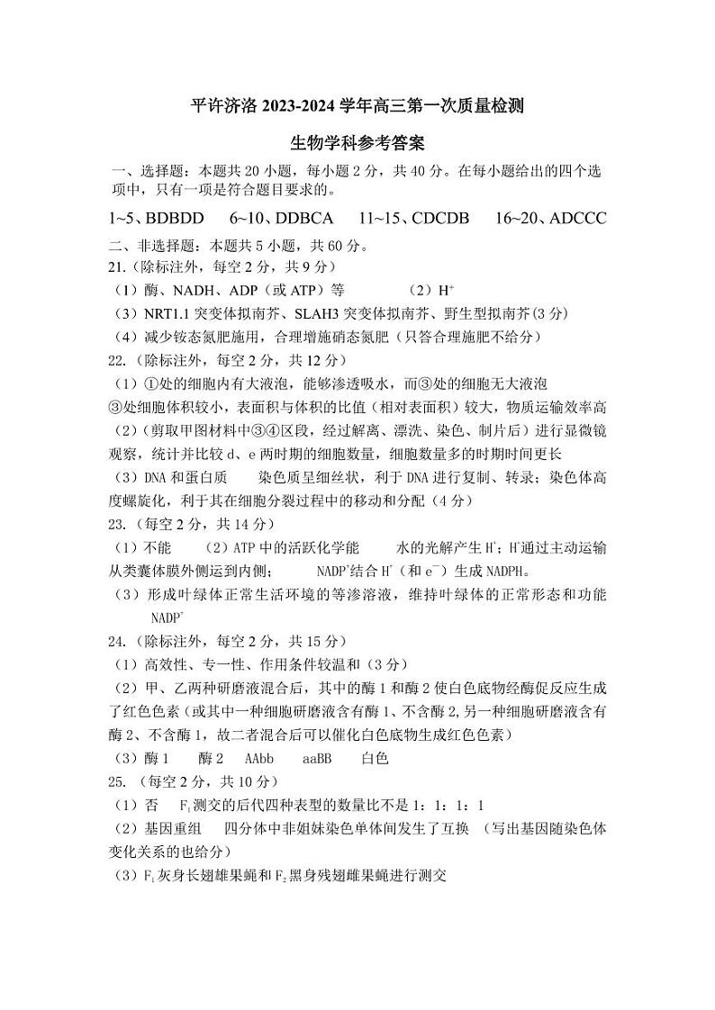 河南省平许济洛四市联考2023-2024学年高三上学期第一次质量检测生物参考答案第1页