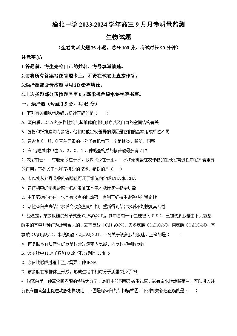 2024重庆市渝北中学高三9月月考生物试题含解析01