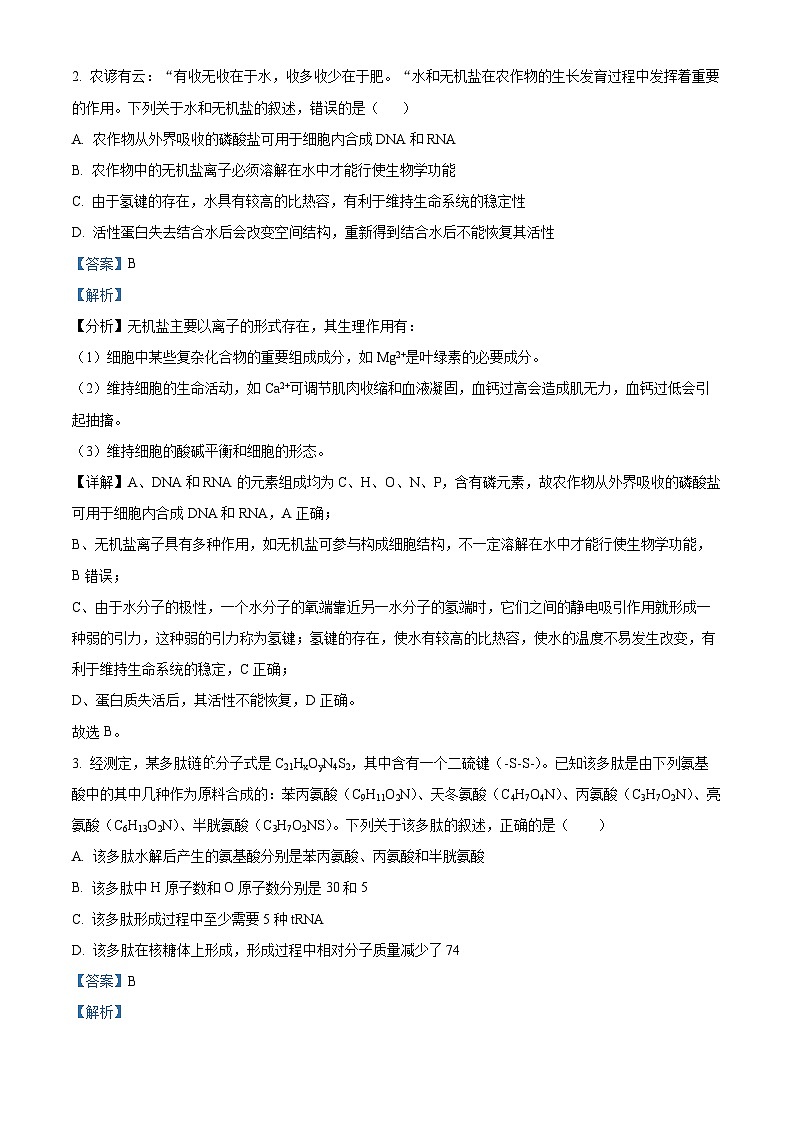 2024重庆市渝北中学高三9月月考生物试题含解析02