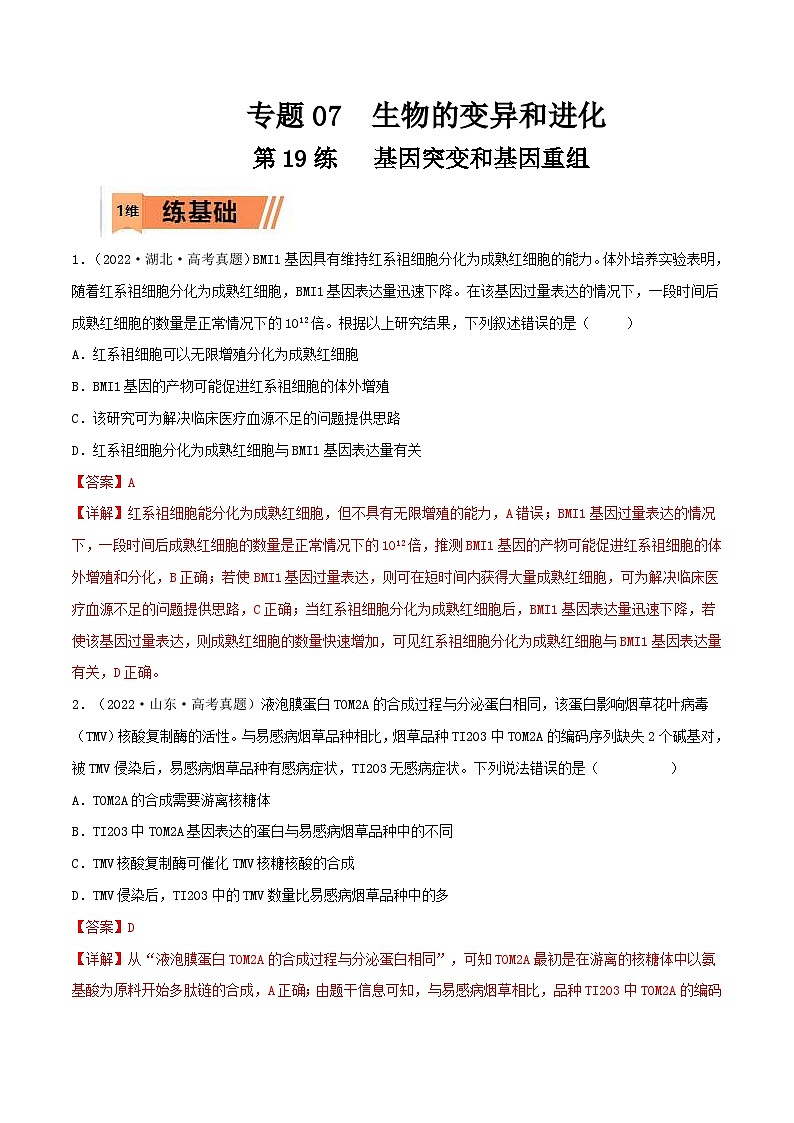 新高考生物一轮复习小题过关训练第19练 基因突变和基因重组（含解析）第1页