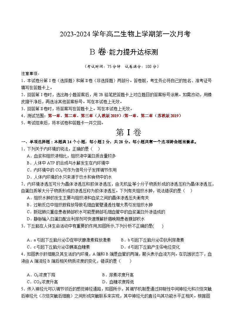 （江苏专用）2023-2024学年高二生物上学期 第一次月考B卷01
