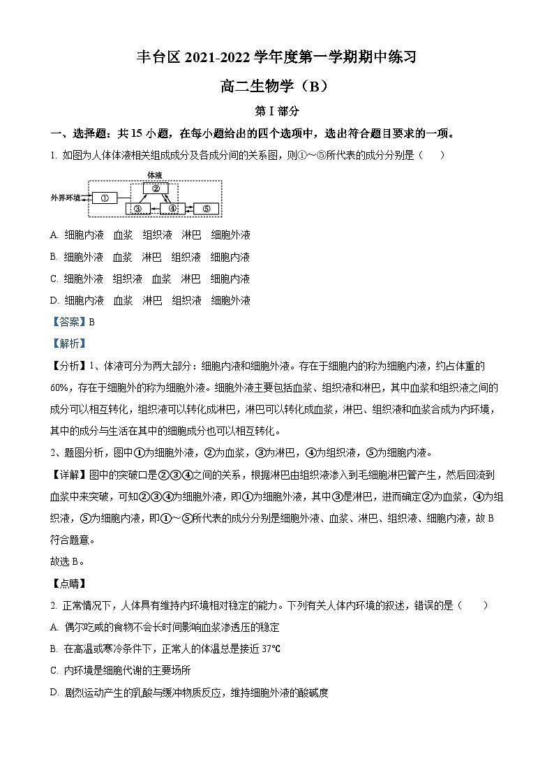 北京市丰台区2021-2022学年高二生物上学期期中（B）试题（Word版附解析）01