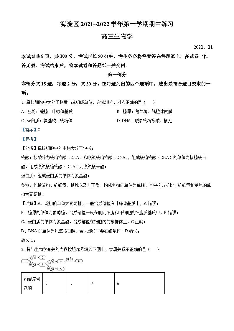 北京市海淀区2021-2022学年高三生物上学期期中试题（Word版附解析）01