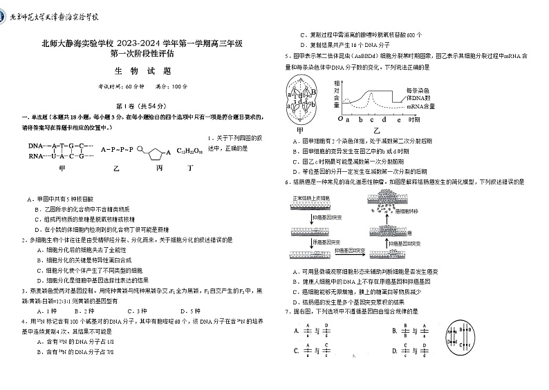 天津市静海区北师大实验学校2023-2024学年高三上学期第一阶段评估生物试题01