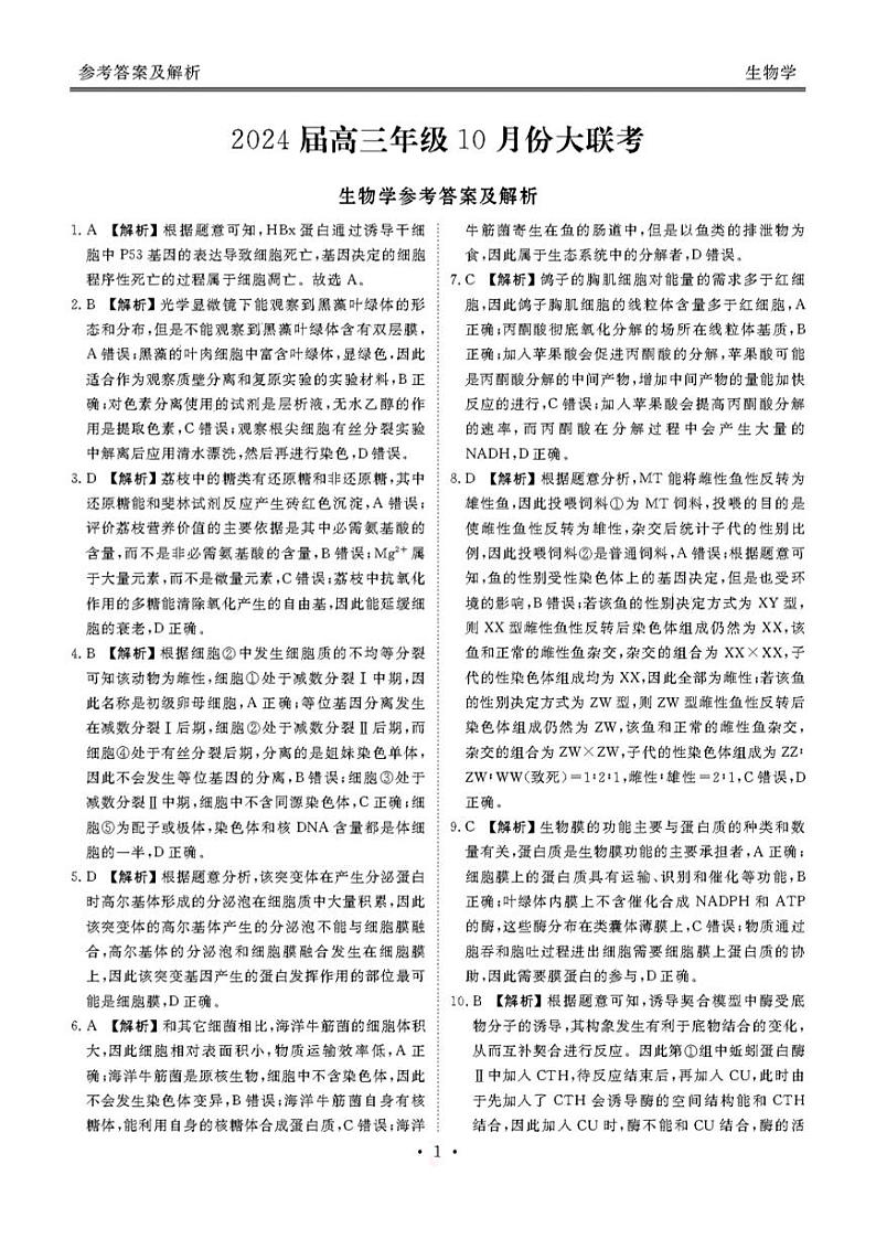 2024广东省衡水金卷高三上学期10月大联考试题生物PDF版含解析01