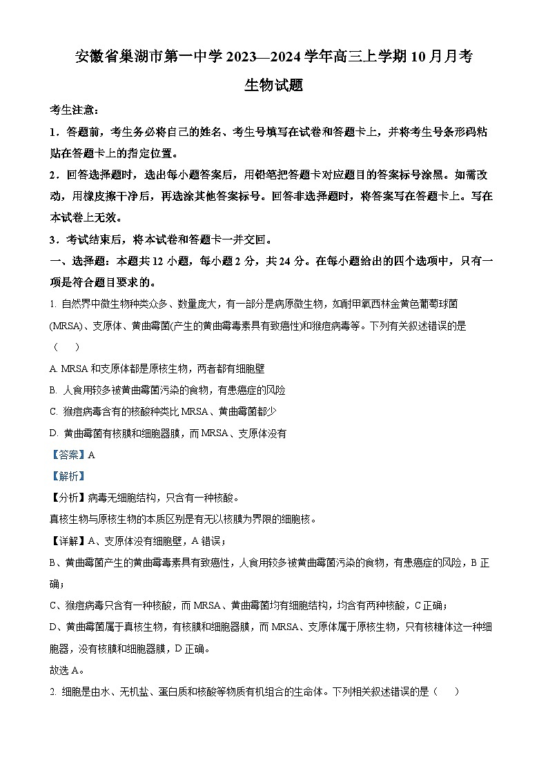 安徽省巢湖市第一中学2023-2024学年高三10月月考生物试题含解析第1页