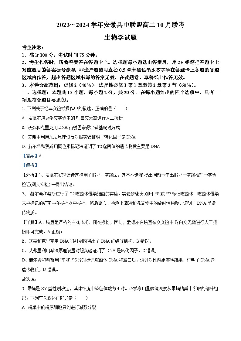 2024安徽省县中联盟高二上学期10月联考生物试题含解析01