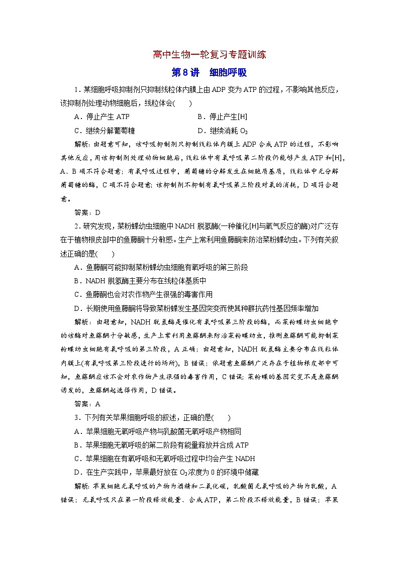 新高考生物一轮复习专题训练：第8讲 细胞呼吸（含解析）第1页