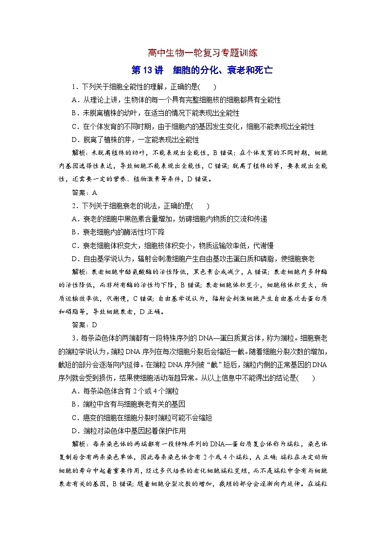 新高考生物一轮复习专题训练：第13讲 细胞的分化（含解析）第1页