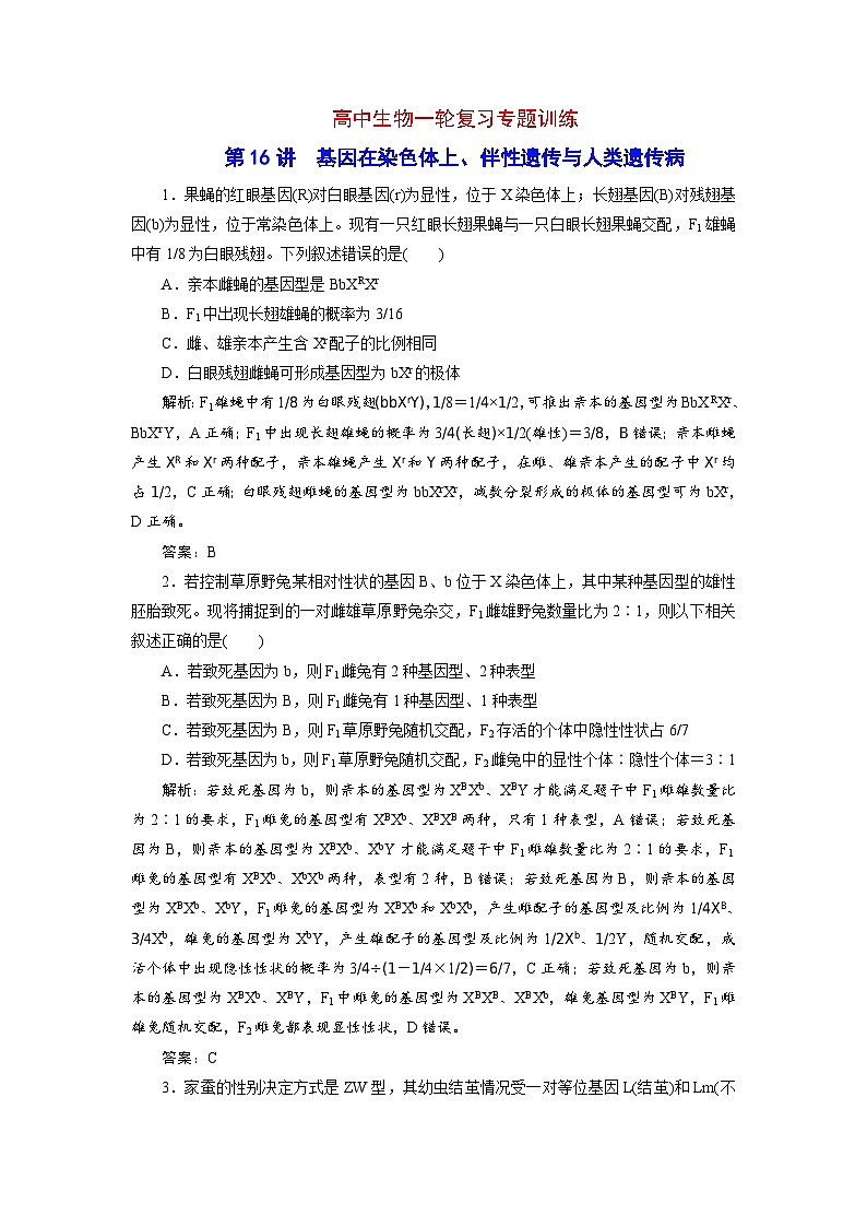 新高考生物一轮复习专题训练：第16讲 基因在染色体上（含解析）第1页