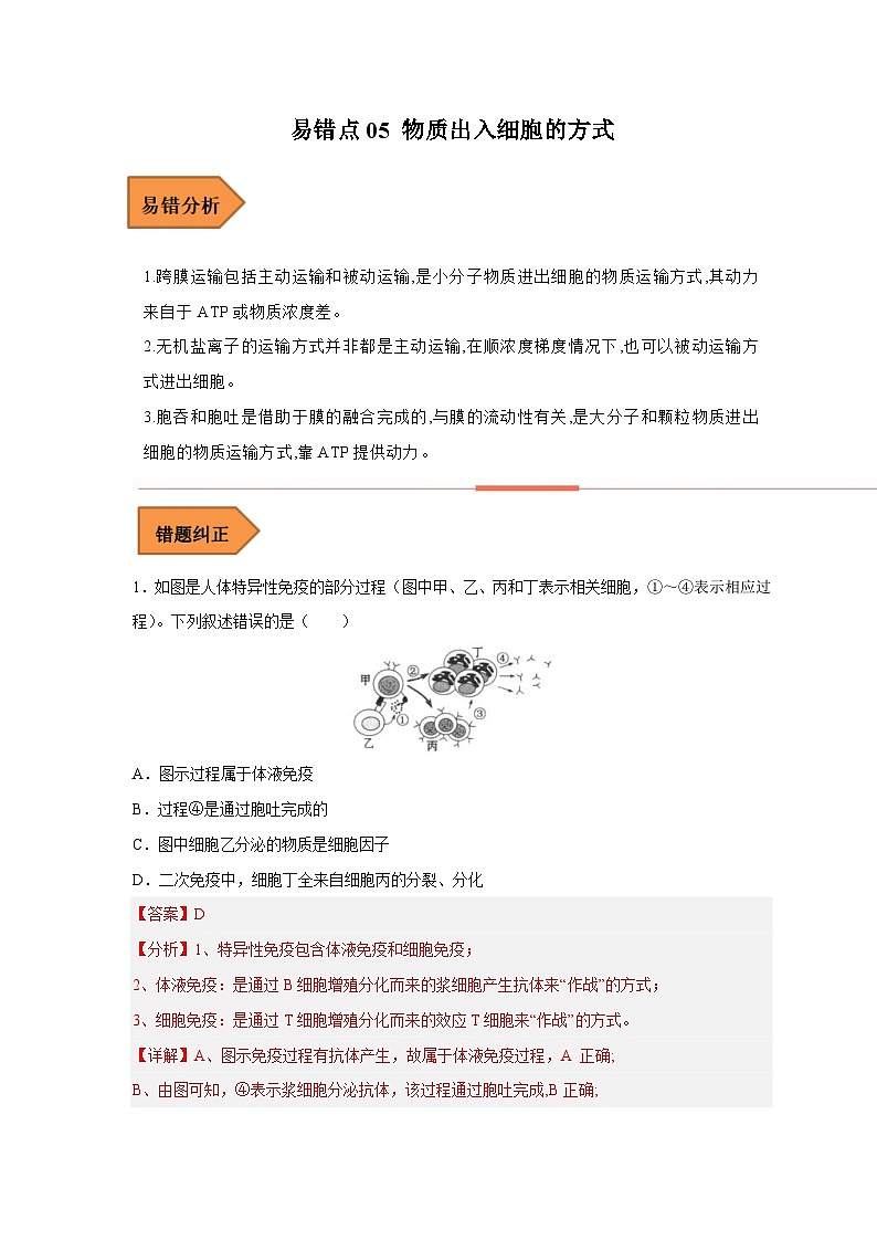 新高考生物二轮复习易错题精选练习易错点05 物质出入细胞的方式（含解析）第1页