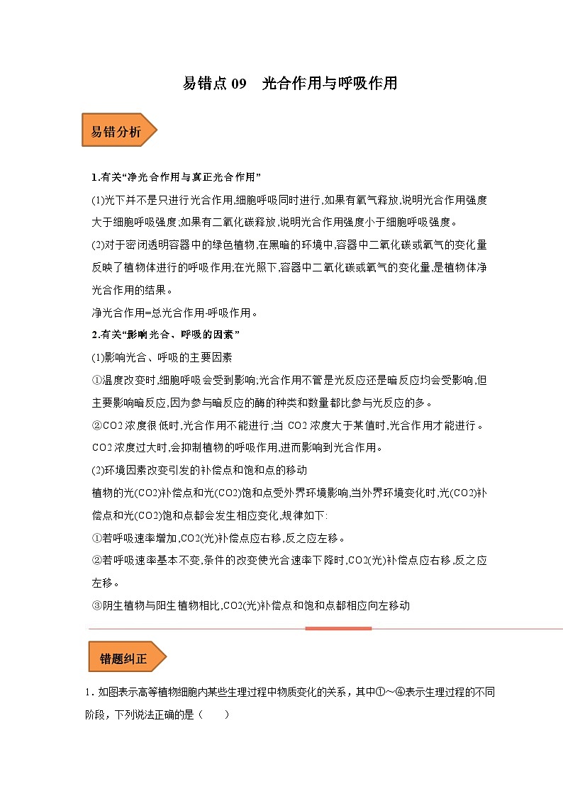 新高考生物二轮复习易错题精选练习易错点09 光合作用与呼吸作用（含解析）第1页
