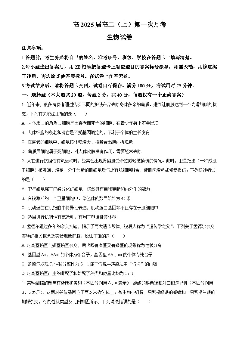 2024重庆市巴蜀中学高二上学期10月月考试题生物含答案第1页