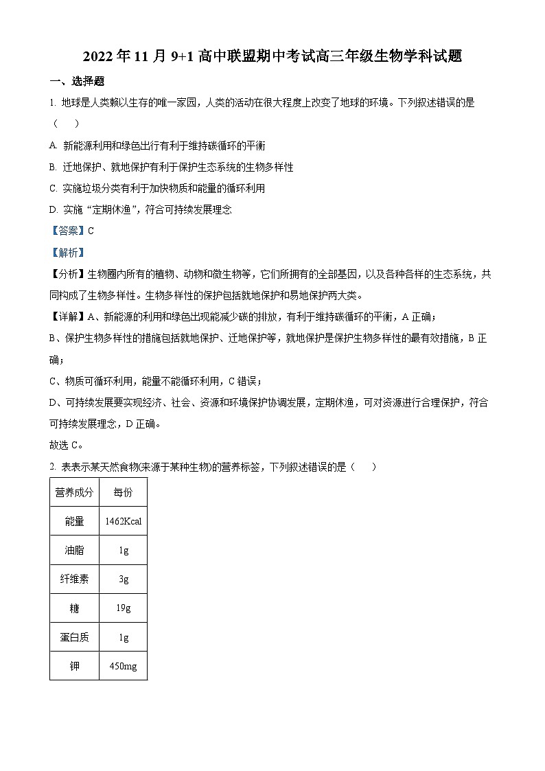 浙江省91高中联盟2022-2023学年高三生物上学期11月期中试题（Word版附解析）第1页