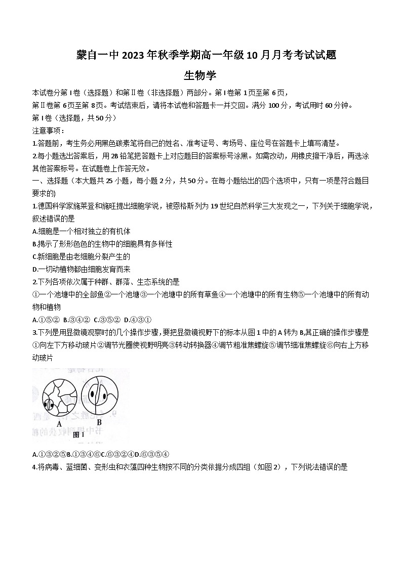 云南省蒙自一中与茚旺高中2023-2024学年高一上学期10月月考生物试题01
